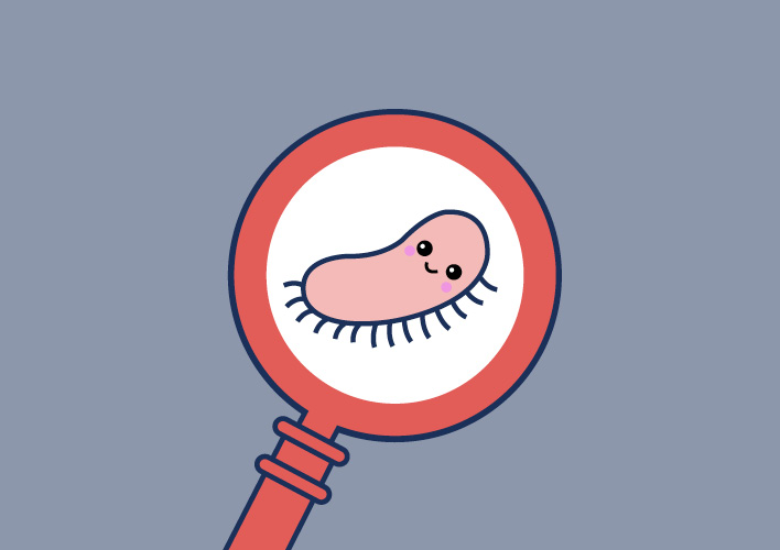 Illustration einer Lupe die ein süß lächelndes kleines Bakterium vergrößert